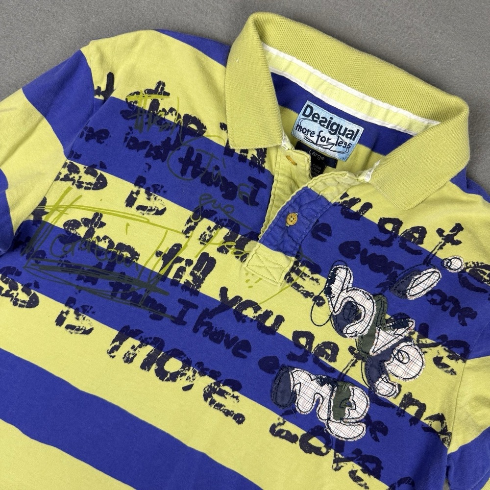 VTG Y2K Desigual Mens Abstract Logo Polo Shirt Size Large Mallcore Punk Stripes